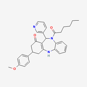 molecular formula C31H33N3O3 B10873770 10-hexanoyl-3-(4-methoxyphenyl)-11-(pyridin-3-yl)-2,3,4,5,10,11-hexahydro-1H-dibenzo[b,e][1,4]diazepin-1-one 