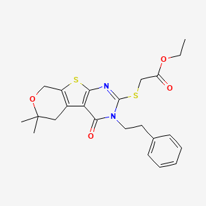 molecular formula C23H26N2O4S2 B10874317 ethyl 2-[[12,12-dimethyl-3-oxo-4-(2-phenylethyl)-11-oxa-8-thia-4,6-diazatricyclo[7.4.0.02,7]trideca-1(9),2(7),5-trien-5-yl]sulfanyl]acetate 