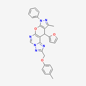 molecular formula C28H22N6O3 B10874576 16-(furan-2-yl)-14-methyl-4-[(4-methylphenoxy)methyl]-12-phenyl-10-oxa-3,5,6,8,12,13-hexazatetracyclo[7.7.0.02,6.011,15]hexadeca-1(9),2,4,7,11(15),13-hexaene 