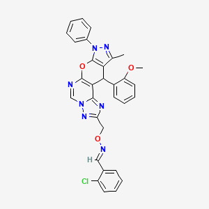 (E)-1-(2-chlorophenyl)-N-[[16-(2-methoxyphenyl)-14-methyl-12-phenyl-10-oxa-3,5,6,8,12,13-hexazatetracyclo[7.7.0.02,6.011,15]hexadeca-1(9),2,4,7,11(15),13-hexaen-4-yl]methoxy]methanimine