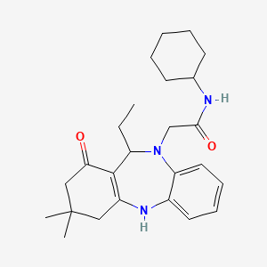 molecular formula C25H35N3O2 B10874615 N-cyclohexyl-2-(11-ethyl-3,3-dimethyl-1-oxo-1,2,3,4,5,11-hexahydro-10H-dibenzo[b,e][1,4]diazepin-10-yl)acetamide 