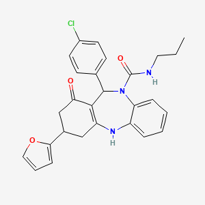 molecular formula C27H26ClN3O3 B10874656 11-(4-chlorophenyl)-3-(2-furyl)-1-oxo-N-propyl-1,2,3,4,5,11-hexahydro-10H-dibenzo[b,e][1,4]diazepine-10-carboxamide 