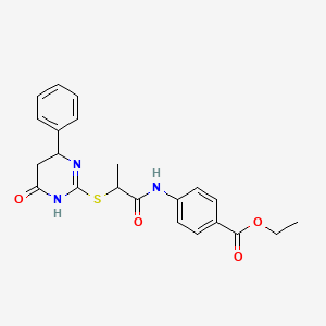 Ethyl 4-({2-[(4-oxo-6-phenyl-1,4,5,6-tetrahydropyrimidin-2-yl)sulfanyl]propanoyl}amino)benzoate