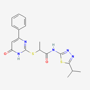 molecular formula C18H19N5O2S2 B10875416 2-[(6-oxo-4-phenyl-1,6-dihydropyrimidin-2-yl)sulfanyl]-N-[5-(propan-2-yl)-1,3,4-thiadiazol-2-yl]propanamide 