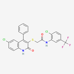 molecular formula C24H15Cl2F3N2O2S B10875612 2-[(6-chloro-2-oxo-4-phenyl-1,2-dihydroquinolin-3-yl)sulfanyl]-N-[2-chloro-5-(trifluoromethyl)phenyl]acetamide 