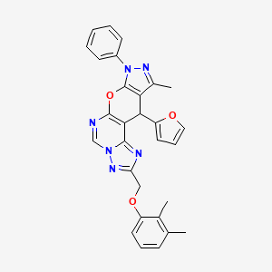 4-[(2,3-dimethylphenoxy)methyl]-16-(furan-2-yl)-14-methyl-12-phenyl-10-oxa-3,5,6,8,12,13-hexazatetracyclo[7.7.0.02,6.011,15]hexadeca-1(9),2,4,7,11(15),13-hexaene