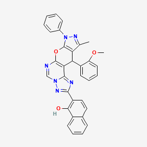 molecular formula C33H24N6O3 B10876102 2-[16-(2-methoxyphenyl)-14-methyl-12-phenyl-10-oxa-3,5,6,8,12,13-hexazatetracyclo[7.7.0.02,6.011,15]hexadeca-1(9),2,4,7,11(15),13-hexaen-4-yl]naphthalen-1-ol 