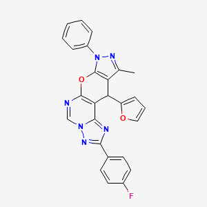 4-(4-fluorophenyl)-16-(furan-2-yl)-14-methyl-12-phenyl-10-oxa-3,5,6,8,12,13-hexazatetracyclo[7.7.0.02,6.011,15]hexadeca-1(9),2,4,7,11(15),13-hexaene