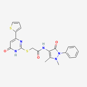 molecular formula C21H19N5O3S2 B10876188 N-(1,5-dimethyl-3-oxo-2-phenyl-2,3-dihydro-1H-pyrazol-4-yl)-2-{[4-hydroxy-6-(thiophen-2-yl)pyrimidin-2-yl]sulfanyl}acetamide 