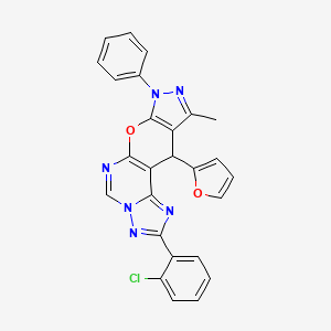 4-(2-chlorophenyl)-16-(furan-2-yl)-14-methyl-12-phenyl-10-oxa-3,5,6,8,12,13-hexazatetracyclo[7.7.0.02,6.011,15]hexadeca-1(9),2,4,7,11(15),13-hexaene