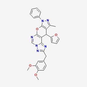 molecular formula C29H24N6O4 B10876335 4-[(3,4-dimethoxyphenyl)methyl]-16-(furan-2-yl)-14-methyl-12-phenyl-10-oxa-3,5,6,8,12,13-hexazatetracyclo[7.7.0.02,6.011,15]hexadeca-1(9),2,4,7,11(15),13-hexaene 