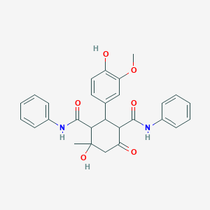 molecular formula C28H28N2O6 B10876480 4-hydroxy-2-(4-hydroxy-3-methoxyphenyl)-4-methyl-6-oxo-N,N'-diphenylcyclohexane-1,3-dicarboxamide 