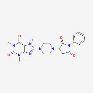 molecular formula C21H23N7O4 B10878176 8-[4-(2,5-dioxo-1-phenylpyrrolidin-3-yl)piperazin-1-yl]-1,3-dimethyl-3,7-dihydro-1H-purine-2,6-dione 