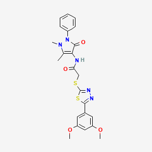 molecular formula C23H23N5O4S2 B10878435 2-{[5-(3,5-dimethoxyphenyl)-1,3,4-thiadiazol-2-yl]sulfanyl}-N-(1,5-dimethyl-3-oxo-2-phenyl-2,3-dihydro-1H-pyrazol-4-yl)acetamide 