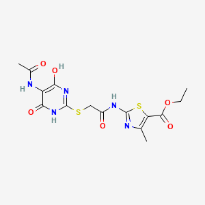 molecular formula C15H17N5O6S2 B10878905 Ethyl 2-[({[5-(acetylamino)-4-hydroxy-6-oxo-1,6-dihydropyrimidin-2-yl]sulfanyl}acetyl)amino]-4-methyl-1,3-thiazole-5-carboxylate 