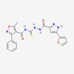 molecular formula C20H16N6O4S B10878939 N-[(2-{[5-(furan-2-yl)-1H-pyrazol-3-yl]carbonyl}hydrazinyl)carbonothioyl]-5-methyl-3-phenyl-1,2-oxazole-4-carboxamide 