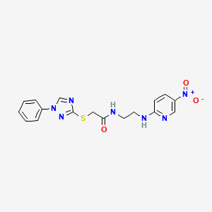 molecular formula C17H17N7O3S B10879246 N-{2-[(5-Nitropyridin-2-YL)amino]ethyl}-2-[(1-phenyl-1,2,4-triazol-3-YL)sulfanyl]acetamide 