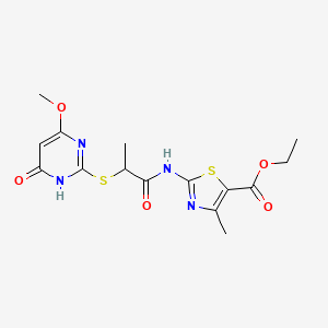 molecular formula C15H18N4O5S2 B10879471 Ethyl 2-({2-[(4-methoxy-6-oxo-1,6-dihydropyrimidin-2-yl)sulfanyl]propanoyl}amino)-4-methyl-1,3-thiazole-5-carboxylate 