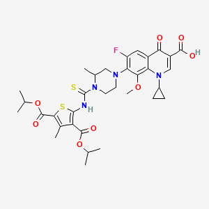 molecular formula C33H39FN4O8S2 B10879506 1-Cyclopropyl-6-fluoro-8-methoxy-7-[3-methyl-4-({4-methyl-3,5-bis[(propan-2-yloxy)carbonyl]thiophen-2-yl}carbamothioyl)piperazin-1-yl]-4-oxo-1,4-dihydroquinoline-3-carboxylic acid 