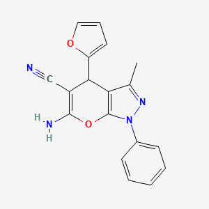 molecular formula C18H14N4O2 B10879693 6-Amino-4-(furan-2-yl)-3-methyl-1-phenyl-1,4-dihydropyrano[2,3-c]pyrazole-5-carbonitrile 