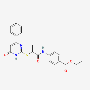 molecular formula C22H21N3O4S B10880098 Ethyl 4-({2-[(6-oxo-4-phenyl-1,6-dihydropyrimidin-2-yl)sulfanyl]propanoyl}amino)benzoate 