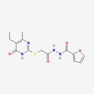 molecular formula C14H16N4O4S B10882102 N'-{2-[(5-ethyl-4-hydroxy-6-methylpyrimidin-2-yl)sulfanyl]acetyl}furan-2-carbohydrazide 