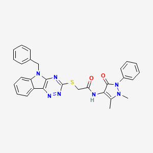 molecular formula C29H25N7O2S B10883770 2-({5-Benzyl-[1,2,4]triazino[5,6-B]indol-3-YL}sulfanyl)-N-(1,5-dimethyl-3-oxo-2-phenylpyrazol-4-YL)acetamide 