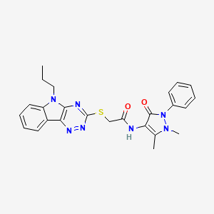 molecular formula C25H25N7O2S B10884371 N-(1,5-dimethyl-3-oxo-2-phenyl-2,3-dihydro-1H-pyrazol-4-yl)-2-[(5-propyl-5H-[1,2,4]triazino[5,6-b]indol-3-yl)thio]acetamide 