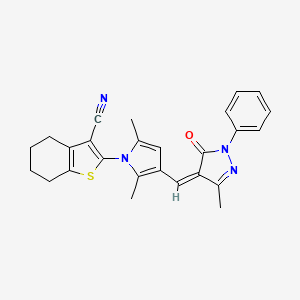 molecular formula C26H24N4OS B10884968 2-{2,5-dimethyl-3-[(Z)-(3-methyl-5-oxo-1-phenyl-1,5-dihydro-4H-pyrazol-4-ylidene)methyl]-1H-pyrrol-1-yl}-4,5,6,7-tetrahydro-1-benzothiophene-3-carbonitrile 