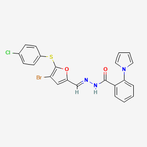 molecular formula C22H15BrClN3O2S B10885580 N'-[(E)-{4-bromo-5-[(4-chlorophenyl)sulfanyl]furan-2-yl}methylidene]-2-(1H-pyrrol-1-yl)benzohydrazide 