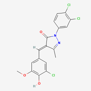 molecular formula C18H13Cl3N2O3 B10885657 4-[(Z)-(3-chloro-5-methoxy-4-oxocyclohexa-2,5-dien-1-ylidene)methyl]-2-(3,4-dichlorophenyl)-5-methyl-1H-pyrazol-3-one 