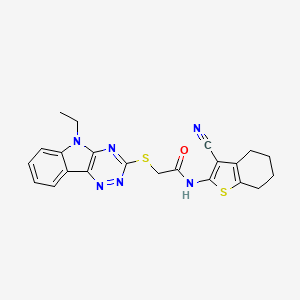 molecular formula C22H20N6OS2 B10886400 N-(3-Cyano-4,5,6,7-tetrahydro-1-benzothiophen-2-YL)-2-({5-ethyl-[1,2,4]triazino[5,6-B]indol-3-YL}sulfanyl)acetamide 