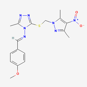 3-{[(3,5-dimethyl-4-nitro-1H-pyrazol-1-yl)methyl]sulfanyl}-N-[(E)-(4-methoxyphenyl)methylidene]-5-methyl-4H-1,2,4-triazol-4-amine