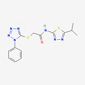 molecular formula C14H15N7OS2 B10887863 2-[(1-phenyl-1H-tetrazol-5-yl)sulfanyl]-N-[5-(propan-2-yl)-1,3,4-thiadiazol-2-yl]acetamide 