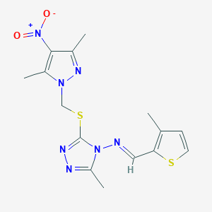 3-{[(3,5-dimethyl-4-nitro-1H-pyrazol-1-yl)methyl]sulfanyl}-5-methyl-N-[(E)-(3-methylthiophen-2-yl)methylidene]-4H-1,2,4-triazol-4-amine