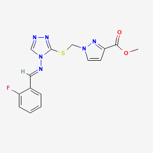 molecular formula C15H13FN6O2S B10888739 methyl 1-{[(4-{[(E)-(2-fluorophenyl)methylidene]amino}-4H-1,2,4-triazol-3-yl)sulfanyl]methyl}-1H-pyrazole-3-carboxylate 