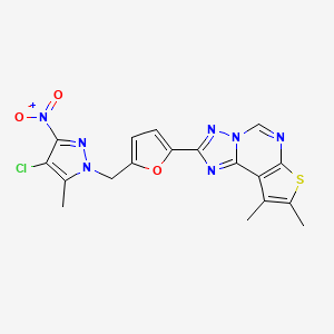 molecular formula C18H14ClN7O3S B10888833 2-{5-[(4-Chloro-5-methyl-3-nitro-1H-pyrazol-1-YL)methyl]-2-furyl}-8,9-dimethylthieno[3,2-E][1,2,4]triazolo[1,5-C]pyrimidine 