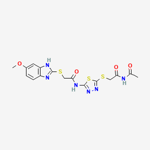 molecular formula C16H16N6O4S3 B10888944 N-(5-{[2-(acetylamino)-2-oxoethyl]sulfanyl}-1,3,4-thiadiazol-2-yl)-2-[(5-methoxy-1H-benzimidazol-2-yl)sulfanyl]acetamide 