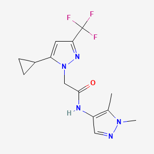 molecular formula C14H16F3N5O B10889740 2-[5-Cyclopropyl-3-(trifluoromethyl)-1H-pyrazol-1-YL]-N~1~-(1,5-dimethyl-1H-pyrazol-4-YL)acetamide 