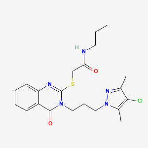 molecular formula C21H26ClN5O2S B10890287 2-({3-[3-(4-chloro-3,5-dimethyl-1H-pyrazol-1-yl)propyl]-4-oxo-3,4-dihydroquinazolin-2-yl}sulfanyl)-N-propylacetamide 