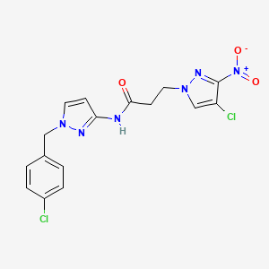 molecular formula C16H14Cl2N6O3 B10890868 N-[1-(4-chlorobenzyl)-1H-pyrazol-3-yl]-3-(4-chloro-3-nitro-1H-pyrazol-1-yl)propanamide 