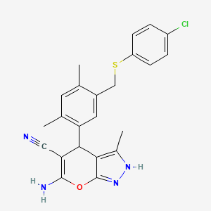 molecular formula C23H21ClN4OS B10891165 6-Amino-4-(5-{[(4-chlorophenyl)sulfanyl]methyl}-2,4-dimethylphenyl)-3-methyl-1,4-dihydropyrano[2,3-c]pyrazole-5-carbonitrile 