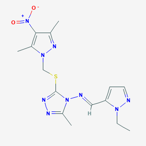 3-{[(3,5-dimethyl-4-nitro-1H-pyrazol-1-yl)methyl]sulfanyl}-N-[(E)-(1-ethyl-1H-pyrazol-5-yl)methylidene]-5-methyl-4H-1,2,4-triazol-4-amine