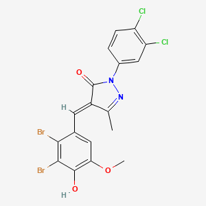 4-[(E)-(2,3-dibromo-5-methoxy-4-oxocyclohexa-2,5-dien-1-ylidene)methyl]-2-(3,4-dichlorophenyl)-5-methyl-1H-pyrazol-3-one