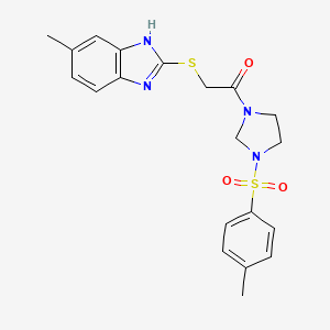 molecular formula C20H22N4O3S2 B10892541 2-[(5-methyl-1H-benzimidazol-2-yl)sulfanyl]-1-{3-[(4-methylphenyl)sulfonyl]imidazolidin-1-yl}ethanone 