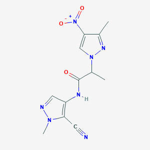 molecular formula C12H13N7O3 B10892721 N-(5-cyano-1-methyl-1H-pyrazol-4-yl)-2-(3-methyl-4-nitro-1H-pyrazol-1-yl)propanamide 