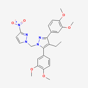 molecular formula C25H27N5O6 B10892972 3,5-bis(3,4-dimethoxyphenyl)-4-ethyl-1-[(3-nitro-1H-pyrazol-1-yl)methyl]-1H-pyrazole 