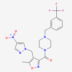 molecular formula C21H21F3N6O4 B10893346 {5-methyl-4-[(4-nitro-1H-pyrazol-1-yl)methyl]-1,2-oxazol-3-yl}{4-[3-(trifluoromethyl)benzyl]piperazin-1-yl}methanone 