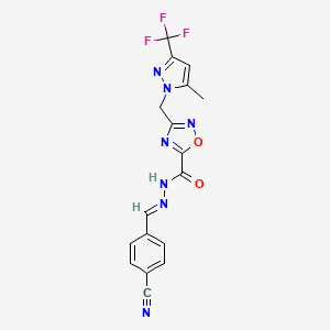 molecular formula C17H12F3N7O2 B10894044 N'-[(E)-(4-cyanophenyl)methylidene]-3-{[5-methyl-3-(trifluoromethyl)-1H-pyrazol-1-yl]methyl}-1,2,4-oxadiazole-5-carbohydrazide 