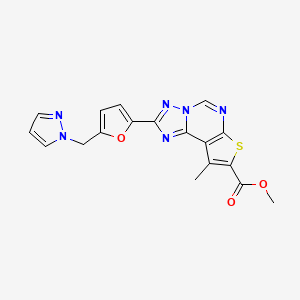 molecular formula C18H14N6O3S B10894437 Methyl 9-methyl-2-[5-(1H-pyrazol-1-ylmethyl)-2-furyl]thieno[3,2-E][1,2,4]triazolo[1,5-C]pyrimidine-8-carboxylate 